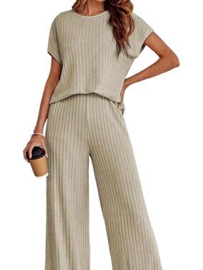 LTSCNRM Women's 2two Piece Outfits Sweater Sets Casual Loose Knit Crewneck Short